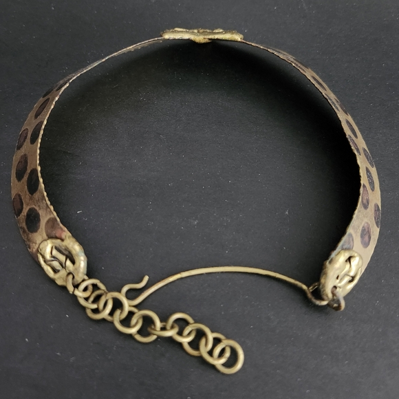 Vintage Brass Collar Necklace w/ Leopard Print Patina, Boho Brass Choker - Picture 7 of 10